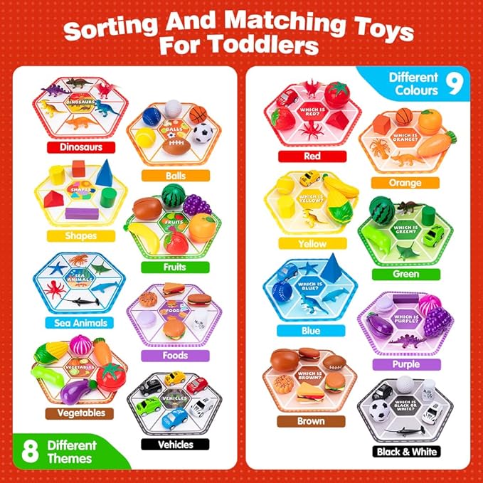 Sorting Toys for Toddlers, 48 Toys Sorting Matching Playset Sensory Toys for Kids, Match Card Sort Game Set with Storage Bag, Multiple Theme Box Preschool Educational Learning Fine Motor Skills Games