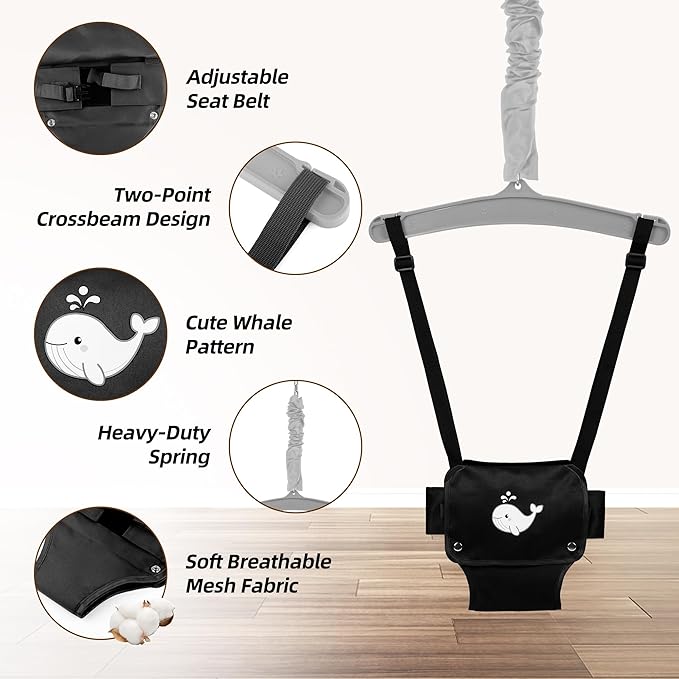 Baby Jumper with Stand, Foldable Activity Jumper for Infants, Height Adjustable Baby Bouncer No Doorway Needed Toddler Jumper, Portable Indoor Outdoor Baby Activity Center for 6-12 Months (Black)