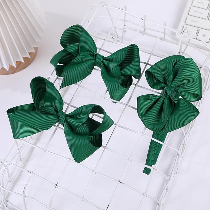 Bow Headband & 2 Pcs 4 Inch Hair Bows Set, Black School Hair Accessories for Little Toddler School Girls (Green)