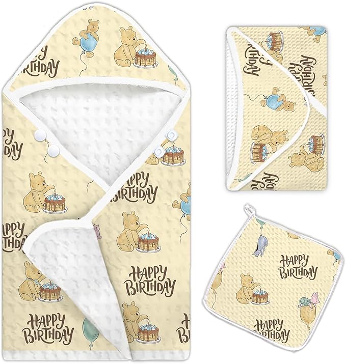 1PCS the Pooh Baby Bath Towels, Winnie Hooded Baby Towel, Bath Supplies for Newborns, Soft & Absorbent, Happy Birthday Baby Towel with 1 Toddler Face Towels 32 * 32IN