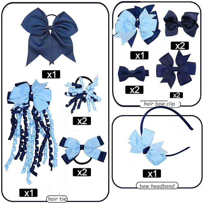 School Hair Accessories Set 14 Pcs Uniform Hair Bow Headband Clips Hair Ties Curly Korker Bows for Little Toddler School Girls (Light Blue&Navy)
