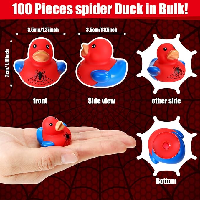 Capoda 100 Pieces Spider Ducks in Bulk, 1.2 Inch Mini Spider Web Rubber Ducks Tiny Ducking Duckies Fidgets for Kids Birthday Party Favors Bath Toys Goodies Bags Stuffers