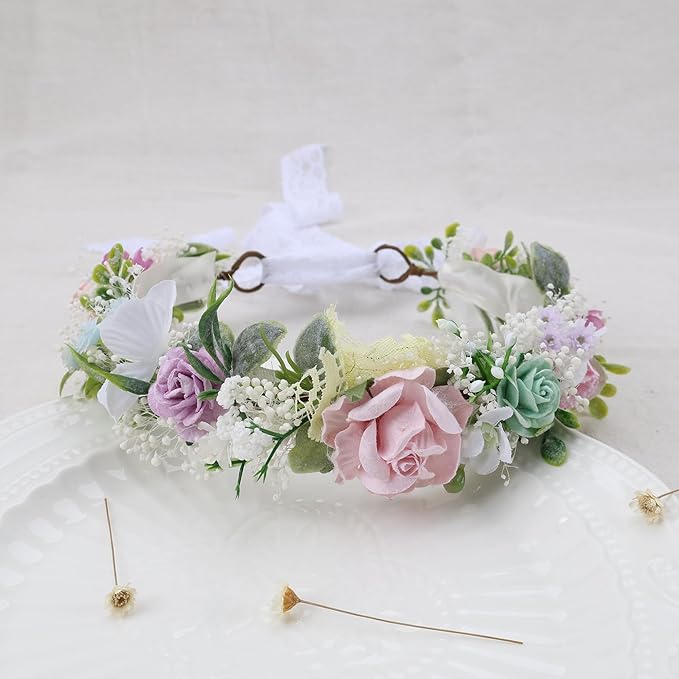 Toddler Flower Crown for Girls 1st Birthday Party Headpieces Pink Purple Baby Headband Hair Wreath with Baby's Breath Photo Prop (Spring Color)