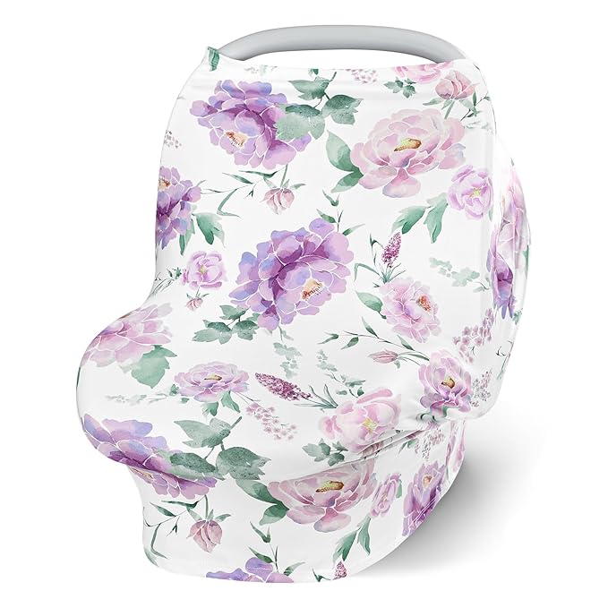 Baby Car Seat Cover Girls, Infant Carseat Canopy, Stretchy Multi- use Nursing Cover for Stroller/High Chair/Shopping Cart/Car Seat Canopies (Purple Floral)