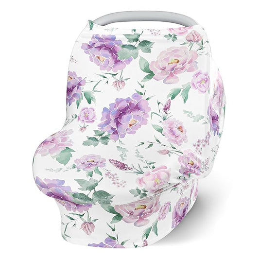 Baby Car Seat Cover Girls, Infant Carseat Canopy, Stretchy Multi- use Nursing Cover for Stroller/High Chair/Shopping Cart/Car Seat Canopies (Purple Floral)