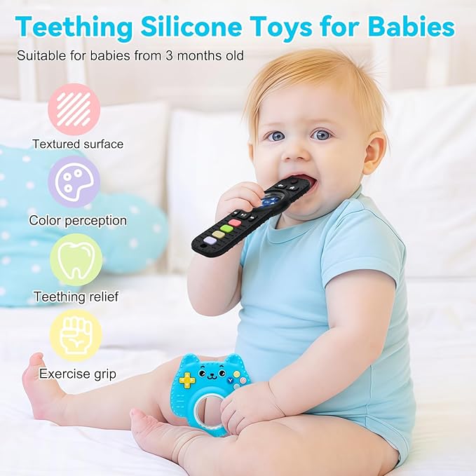 MISSLILI 2 Packs Teething Toy for Babies 0-6-9-12 Months, Silicone Baby Rattles Teether, Teething Relief Infant Toddles TV Remote Control Teether for 3-24 Months