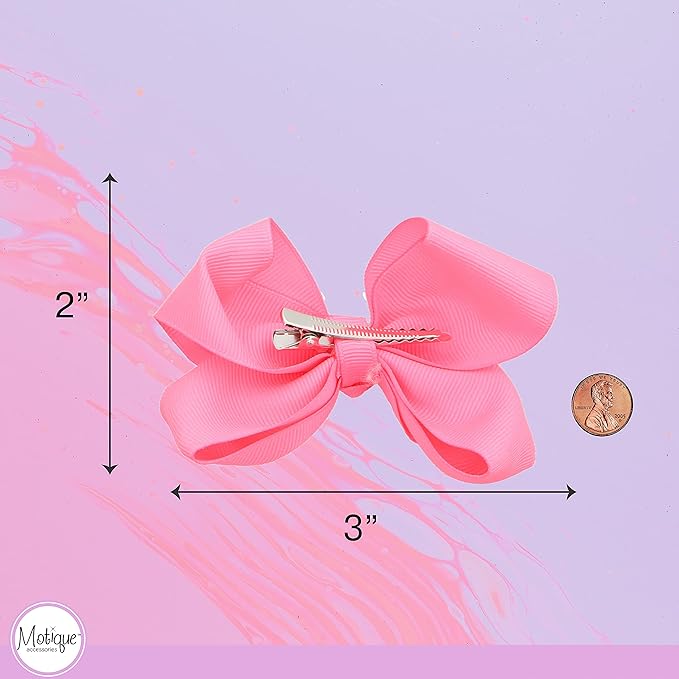 3 Inch Grosgrain Bow for Little Girls- Set of 2 (Neon Pink)