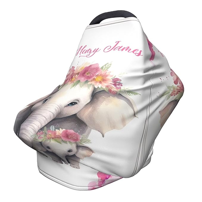 Personalized Car Seat Covers with Name, Elephant Baby Canopy Carrier Cover, Breathable Breastfeeding Nursing Cover, Stretchy Multi-Use Infant Carseat Stroller Cover