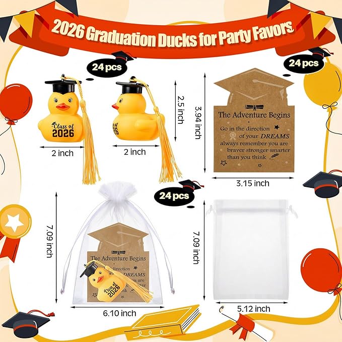 Yaomiao 24 Set Graduation Rubber Ducks with Grad Cap Bulk Class of 2026 Graduation Decorations with Card and White Organza Grad Rubber Ducks Gifts for Pool Swimming Party Favors