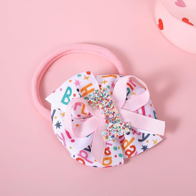 Pink Happy Birthday Hair Ribbon Bow Headband 1st First Birthday Sprinkle Confetti Ice Cream Party Dress Smash Cake Photo Decoration Accessories Gift
