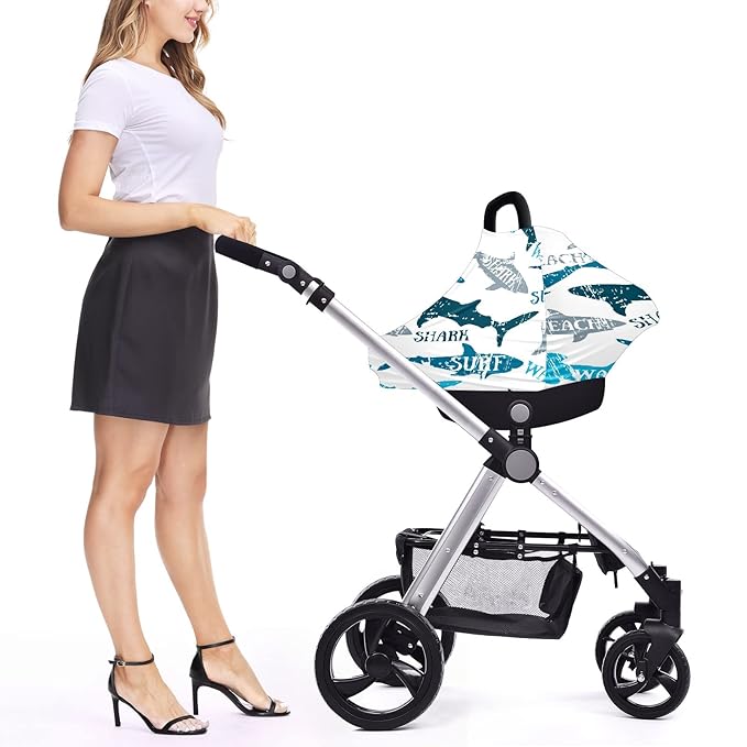 Baby Car Seat Stroller Covers Beach Shark Nursing Cover Breastfeeding Scarf Soft Breathable Stretchy Infant Car Canopy Coverage Carseat Cover for Boys and Girls Multi Use