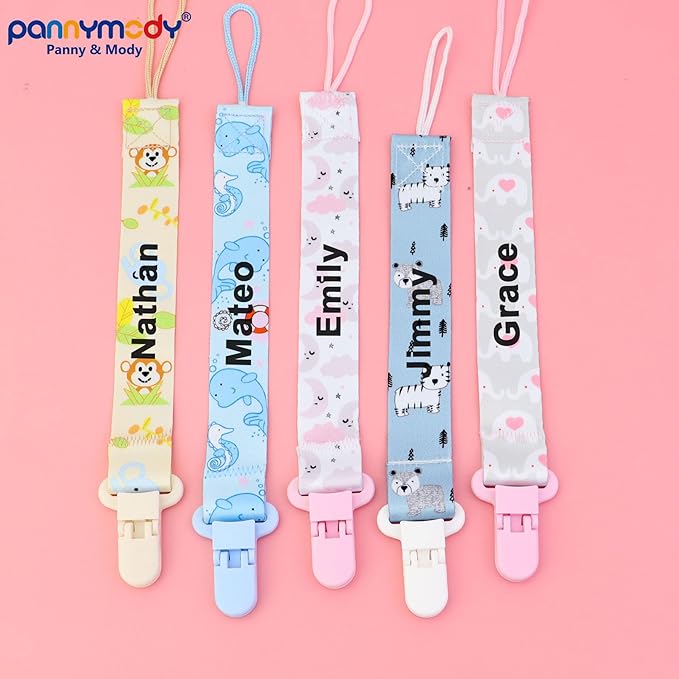 4 Pcs Personalized Dummy Strap Clip, Customized Pacifier Clip Dummy Holder Straps with 4 Silicone Adapter, Soother Chains Clips Fit All, Soothers, Teething Toys, Baby Essentials (Blue)