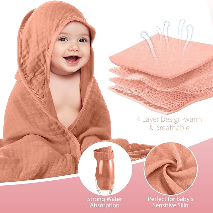 Preboun 4 Pcs Muslin Hooded Baby Towels,32"x 32" Cotton Newborn Bath Towel Muslin Infant Baby Blankets Absorbent Unisex Newborn Registry Gift for Girls Boys(Light Pink Series)