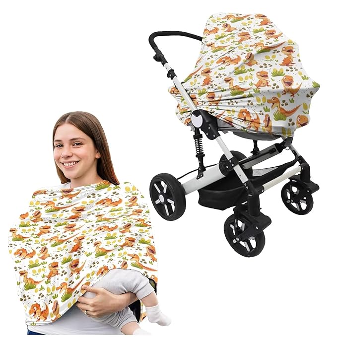 Dinosaur Animal Pattern 2 Piece Baby Car Seat Canopy with Nursing Pillowcase Covers for Breastfeeding Infant Carrier Carseat All Season Cover for Newborn Girls Boys