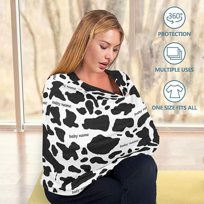 Personalized Baby Car Seat Cover for Babies, Custom Name Baby Car Seats Canopy for Boys Girls, Nursing Breastfeeding Stroller Covers for Infant Newborn, Shower Gift (Cow Print Black)