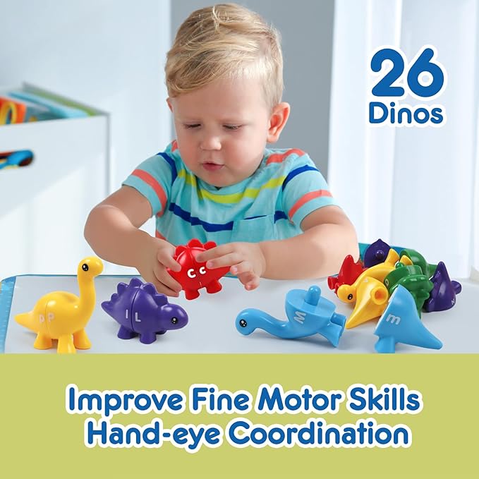 GKDOMS 26pcs Alphabet Dinosaurs Matching Toy, Toddlers ABC Learning Dinosaurs with Uppercase Lowercase, Match and Snap Fine Motor Game Preschool Learning Activities, Birthday Gifts for Boys & Girls