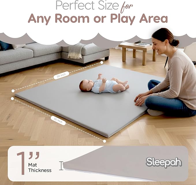 Sleepah Vegan Leather Baby Play Mat, 50x50 Thicken Foam Cushioned & Waterproof Playpen Mat for Infants and Toddlers, Stylish and Just Wipe-Clean Playmat for Baby Play on Floor Grey