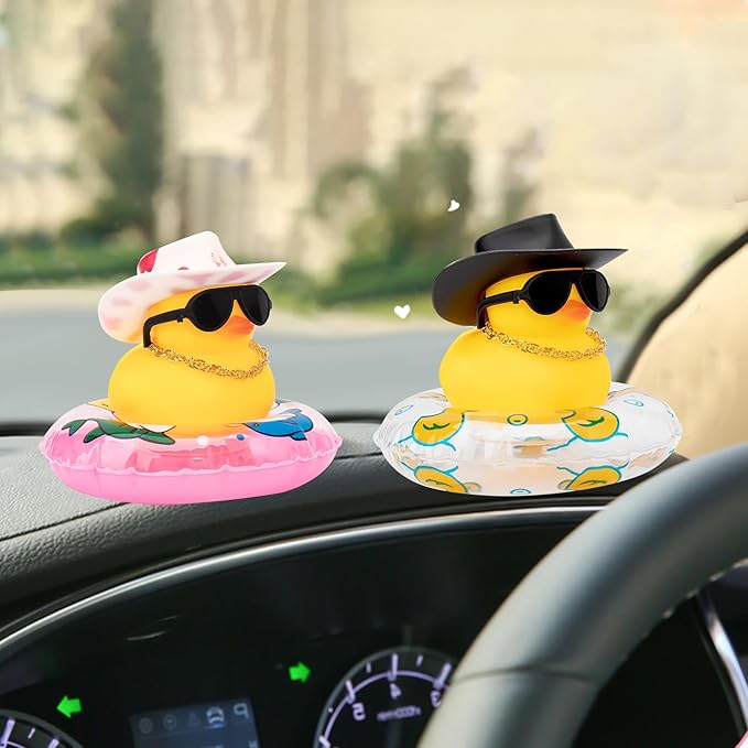 wonuu Car Rubber Duck, Yellow Duck Decoration Dashboard with Sun Hat Swim Ring Necklace Sunglasses for Car Dashboard Decorations, Black Cowboy Hat-Transparent