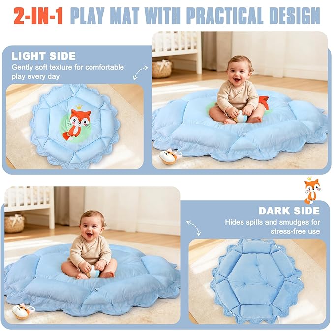 5-in-1 Baby Gym Play Mat with Cartoon Pattern, Extra Thick Plush Tummy Time Activity Gym with Hanging Toys, Sensory Development & Motor Skills Training Floor Mat, Fox