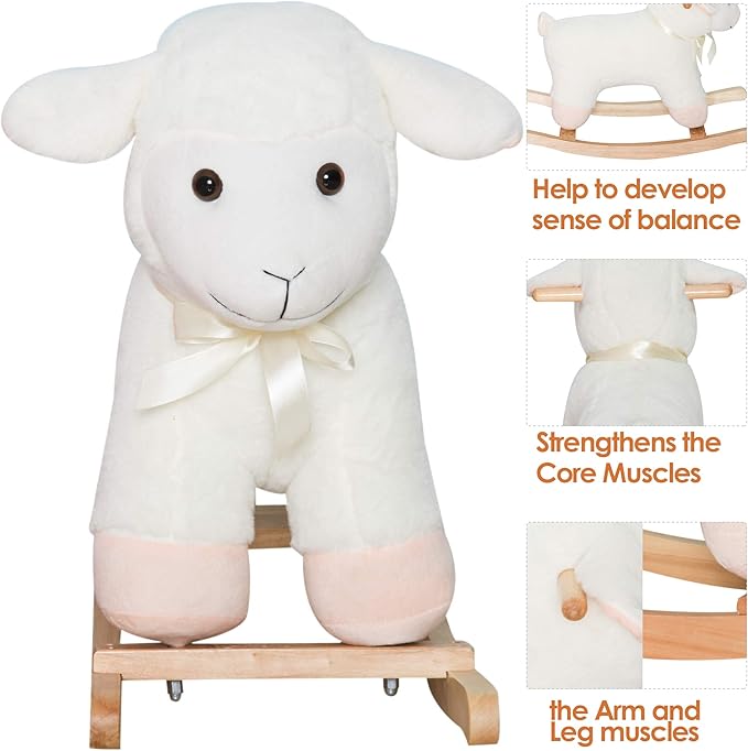 Qaba Lamb Rocking Horse Sheep, Nursery Stuffed Animal Ride On Rocker for Kids, Wooden Plush, White