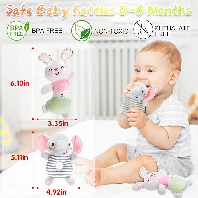 FPVERA Baby Rattles 0-6 Months: Soft Rattle Toys for Newborns, Plush Stuffed Animal Rattle for Infants, Toddlers Boys Girls Shower Gift