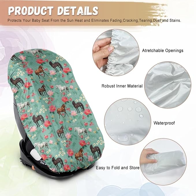 Baby Car Seat Cover for Baby Carseat, Insulated Car Seat Sun Shade Cover Toddler Car Seat Accessories Infant Car Seats Heat Protector, Vintage Horse Flower