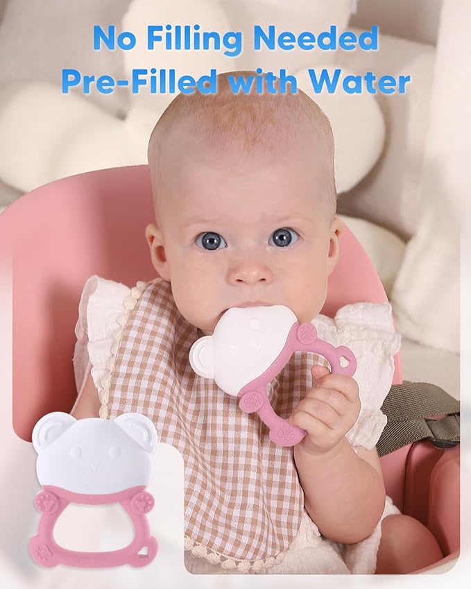 Water-Filled Freezable Baby Teether – Cooling Teething Toy for Babies 6+ Months, Gentle Comfort for Sore Gums, Includes Reusable Freezer Bags – Bear Pink