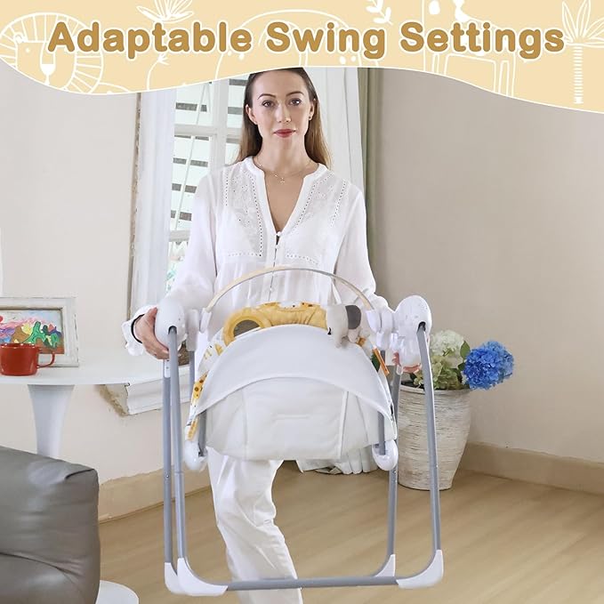 Baby Swing for Infant,Newborn Swing with Music,5 Speed Levels,Timing Setting,Soft Cushion,Foldable Infant Swing with Hanging Elephant Toy & Mirror for Indoor Outdoor Use 0-9 Months