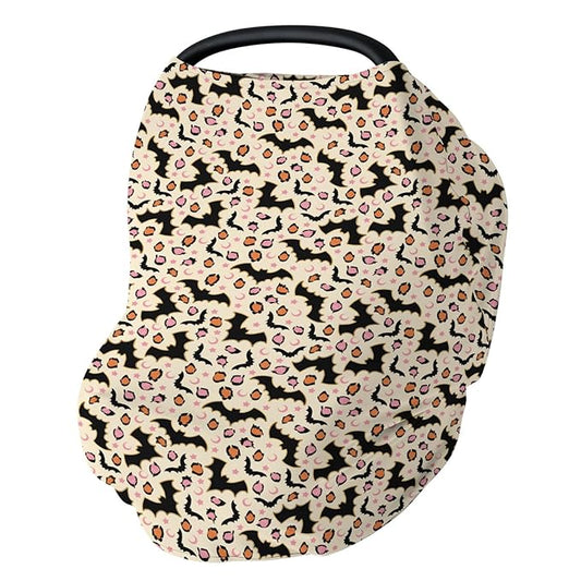 Halloween Bats Leopard Baby Car Seat Covers Pink Orange Spooky Bats Moon Stars Stretchy 5-in-1 Cover Adjustable Infant Carseat Canopy Cover Halloween Night Breathable Nursing Cover-Up
