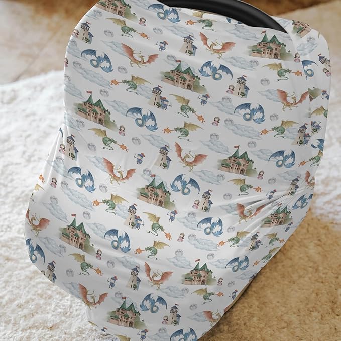 Fairytale Dragon and Knights Car Seat Cover for Babies Fantasy Dragons Princess Castle Stretchy 5-in-1 Cover Adjustable Infant Carseat Cover Canopy Moon Clouds Breathable Nursing Cover-Up