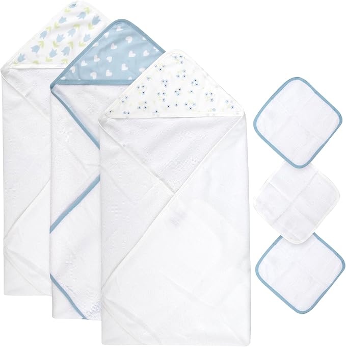 Jessica Simpson Baby 6-Piece Hooded Towel & Washcloth Set – Soft Polyester Hooded Towels + Matching Washcloths – Blue & Neutral Floral Design