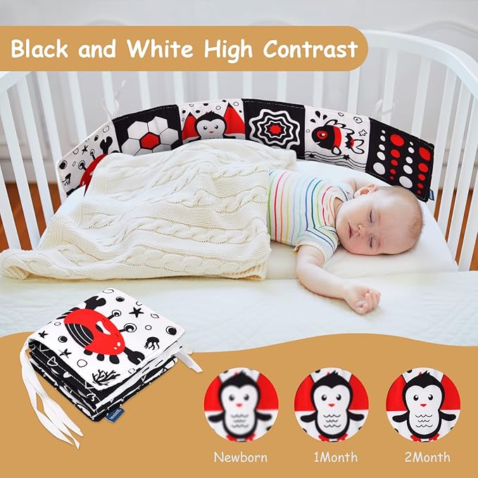 Vicloon Black and White Baby Toys, High Contrast Baby Book for Newborn 0-3 3-6 Months, Infant Tummy Time Toys, Early Education Sensory Toys, Visual Stimulation Folding Cloth Book for Boys Girls