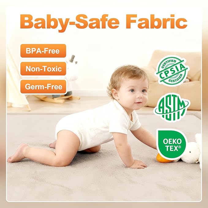 Ultra Soft Baby Play Mat for Floor, 59"×71" Playpen Mat, 1.3" Thick Memory Foam, Non-Slip Tummy Time Mat for Infants, Toddlers, and Kids – Water-Repellent Coral Velvet, Easy Care