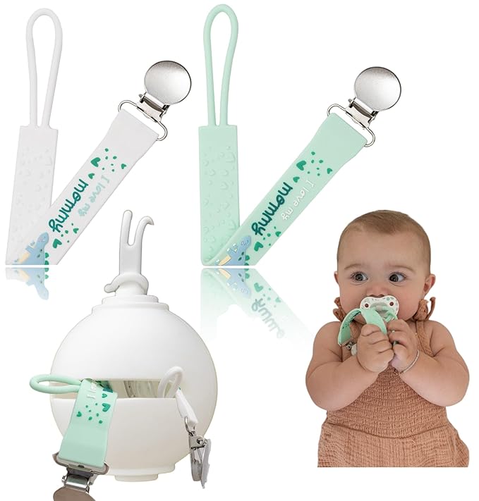 Pacifier Holder and Clip Set – White & Green | BPA-Free Silicone Pacifier Clips + Storage Case | Universal Fit for Baby Pacifiers | 0–12 Months