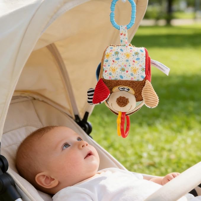 Hanging Baby Toy Cube for Car Seat, Infant Sensory Toys 0-6-12 Month, Montessori Plush Toys for Plane Travel Game Activity with Crinkle, Squeaky, Textures, Mirror Nowborn Baby Boy Girl Gifts