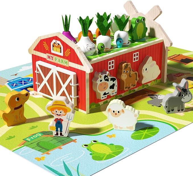 JAUNTY Montessori Toy for Toddlers 1 2 3 Years Old, Wooden Farm Shape Sorting Toy for Baby Boys Girls 1-3, Educational Learning Sensory Toy 1 Year Old Gift for 1st First Birthday