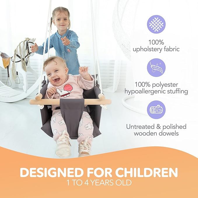 CaTeam - Canvas Baby Swing, Wooden Hanging Swing Seat Chair with Safety Belt, Durable Baby Swing Chair, Outdoor and Indoor Swing for Kids, Mounting Hardware Included, Dark Gray