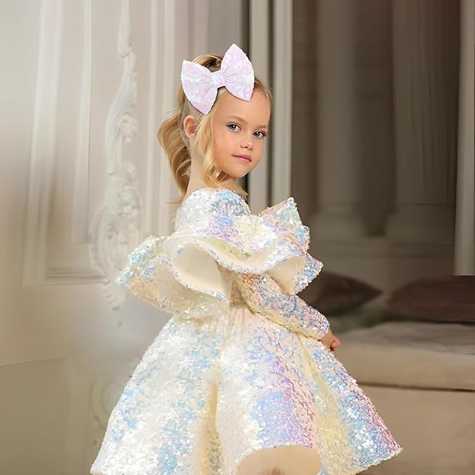 Hair Bow Clip for Girls, 5 inches Sequins Large Bow with Alligator Clip, Hair Accessories for Women Teens Babies Toddlers, White