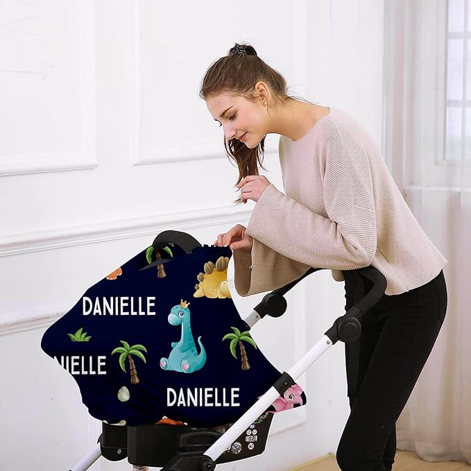 Custom Name Car Seat Canopy - Baby Car Seat Covers, Infant Stroller Cover, Royal Blue Dinosaur Print Carseat Canopy Christmas Birthday Gifts for Girls and Boys(27"x29")