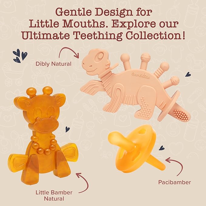 Bambeado Dibly Baby Teething Toy - Made with Natural Rubber & Amber Elements - Gentle Support, Easy to Hold, Simple to Clean - Cute Dinosaur Teether Toy - Alternative to Amber Teething Necklace Pink