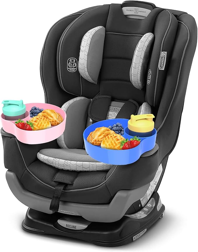 Car Seat Cup Holder for Kids 2PCS Kids Travel Tray with Snack Tray, CarSeats Snack Trays for Toddler, Car Cup Holder for Safety Seats, Fits Stroller & Booster (bluepink)