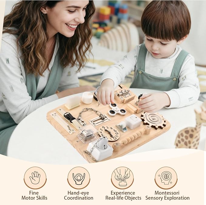Potatomato Wooden Montessori Large Busy Board for Toddlers and Kids – Sensory Activity Board Toy for Babies Boys Girls Supports Fine Motor Skill Development for Children with Autism and ADHD