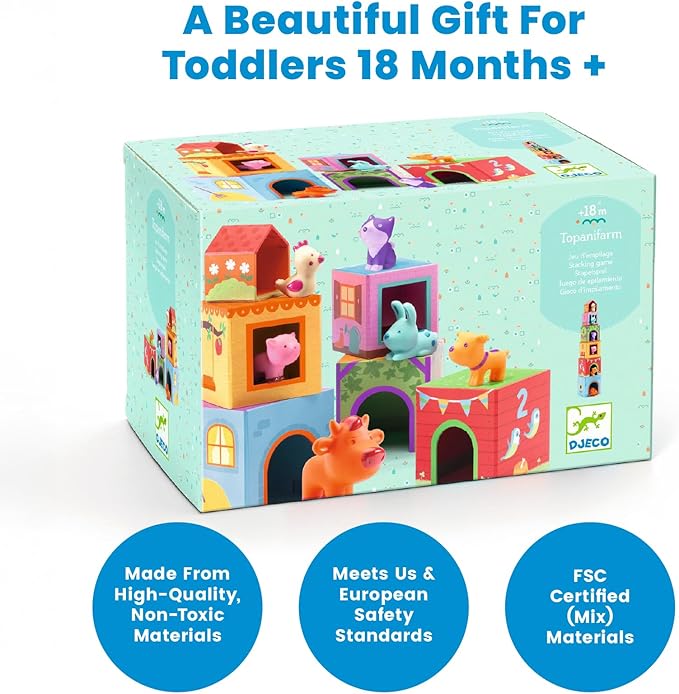 DJECO - Topanifarm Blocks - Build a Farm, Wooden Blocks & Animal Toys - Sorting & Stacking - Enhances Fine Motor Skills - Durable Playtime - Cute Design - Preschool Kids 18+ Months