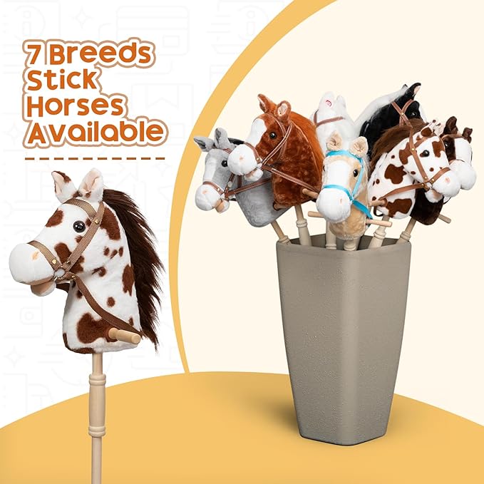 HollyHOME Stick Horse Plush Handcrafted Hobby Horse on a Stick with Wood Wheels Real Pony Neighing and Galloping Sounds for Kids Toddlers Appaloosa 36 Inches (AA Batteries Required)