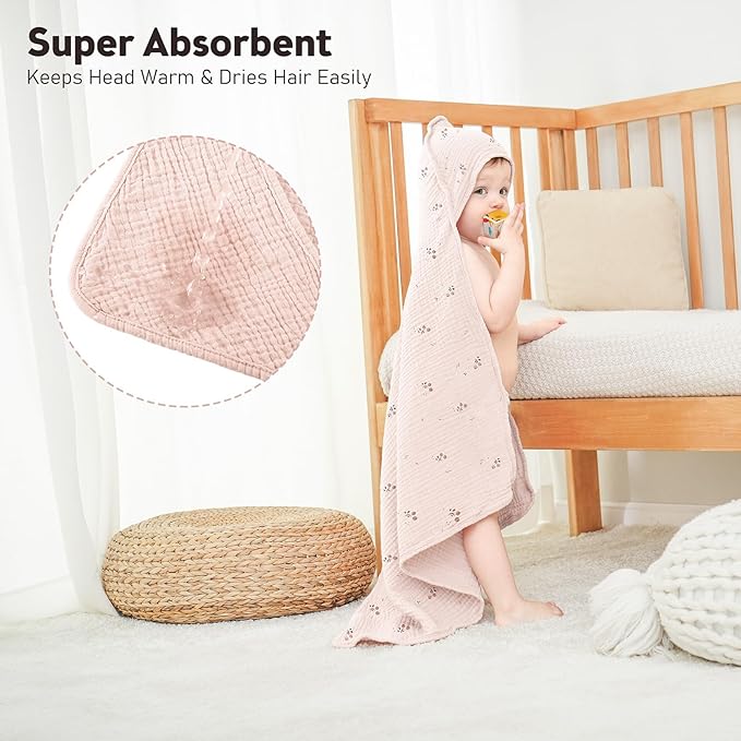 Susurration 2 Pack Thick Muslin Baby Towels, 100% Cotton Soft and Absorbent Baby Bath Hooded Towel for Newborn, Infant, Girls, Boys, Baby Essentials