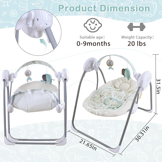 Baby Swing for Infant,Newborn Swing with Music,5 Speed Levels,Timing Setting,Soft Cushion,Foldable Infant Swing for Indoor Outdoor Use 0-9 Months