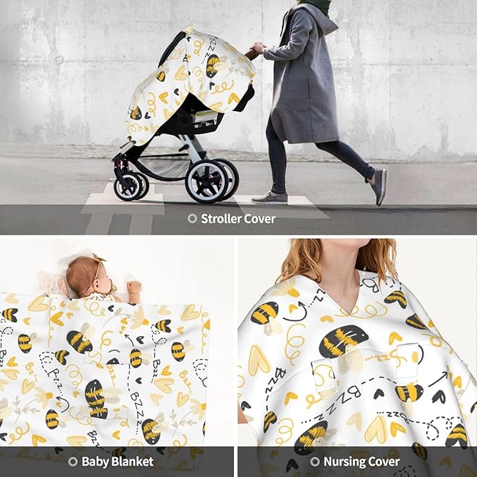 Cute Bees Car Seat Cover for Baby, Peekaboo Opening Carseat Cover Nursing Cover Canopy for Toddler Newborn Shower Gift