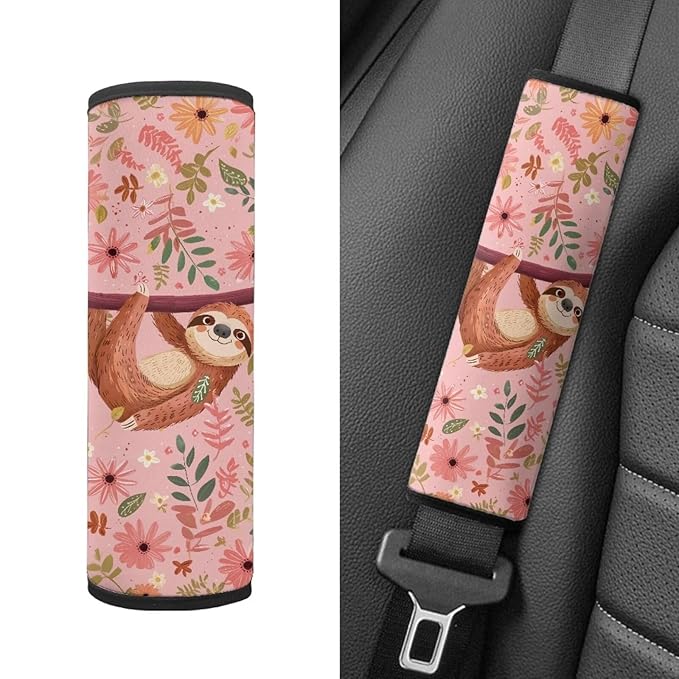 Biyejit Sloth Flowers Car Seat Strap Covers for Baby Kids, Anti-Slip Football Print Seat Belt Covers Strap Pads Cushion for Boy Girl, Protect Neck and Shoulder for Stroller, 2 Pack