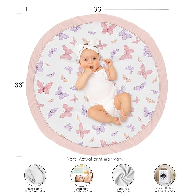 Sweet Jojo Designs Pink/Purple Shabby Chic Butterfly Girl Baby Play Mat Tummy Time Activity, Toddler Floor Infant Playmat - Colorful, Butterflies, Pastel, Lilac, Watercolor, Blush, Yellow, Lavender