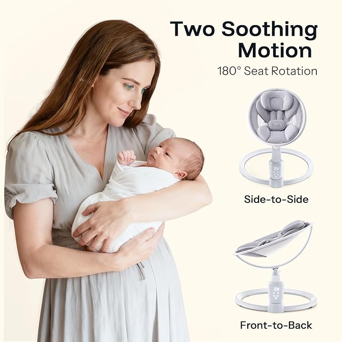 HARPPA Weddell Plus Electric Baby Swings for Infants and Newborns, Eye-Level Baby Swing 5 Speeds and Remote Control 10 Built-in Melodies, 2 Seat Positions & 180° Rotation for Indoor Use, Dove Gray